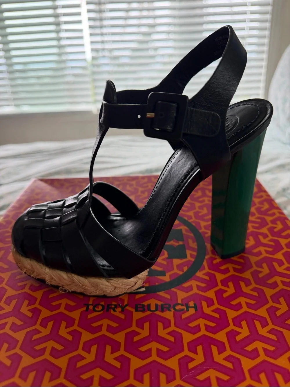 Tory Burch Black T-strap Platform Sandal with Green Block Heel